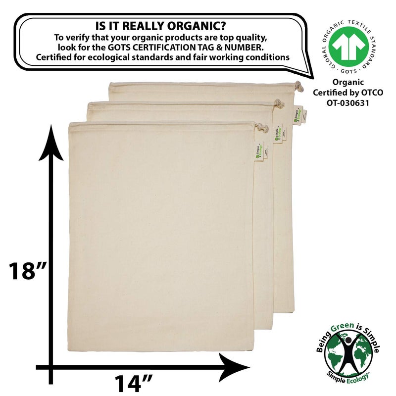 Simple Ecology Reusable Grocery Produce Shopping and Storage Bags, Organic Cotton Muslin, XLarge 3 pack - Image 3